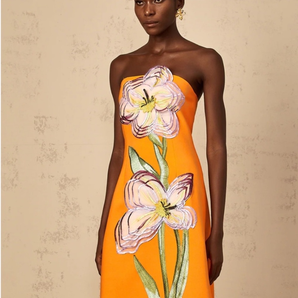 Bold Orange Strapless Floral Midi Dress